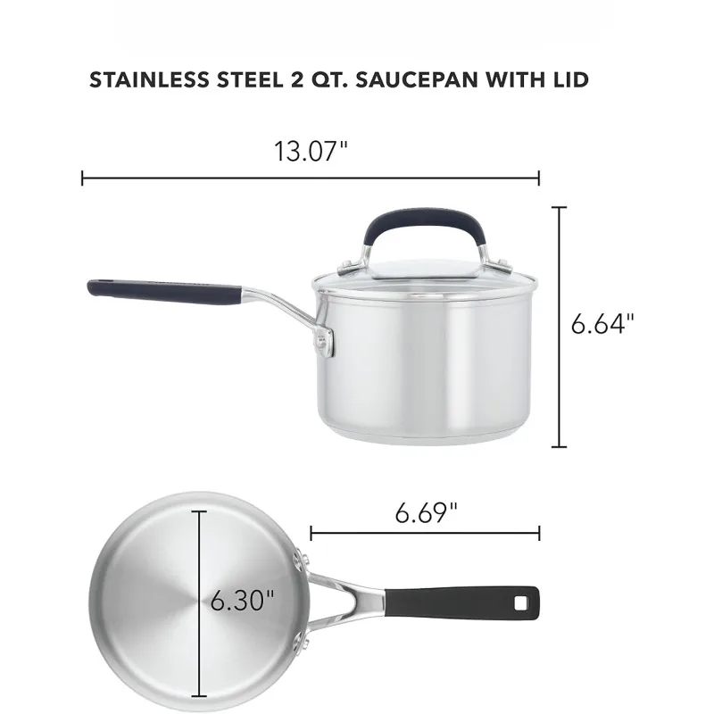 Stainless Steel Saucepan with Measuring Marks and Lid, 2 Quart, Brushed Stainless Steel