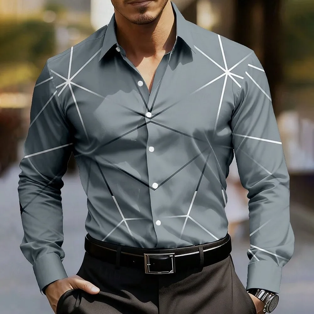 New Hawaiian Pattern Men's Shirt Men's Long Sleeve 3D Line Printed Simple Business Shirt Flower Comfortable Top