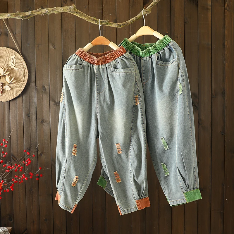 

Винтажные женские джинсы большого размера с эластичной резинкой на талии и рваным подолом, цветные джинсовые брюки, летний сезон, свободный крой, для поездок на работу, Sle