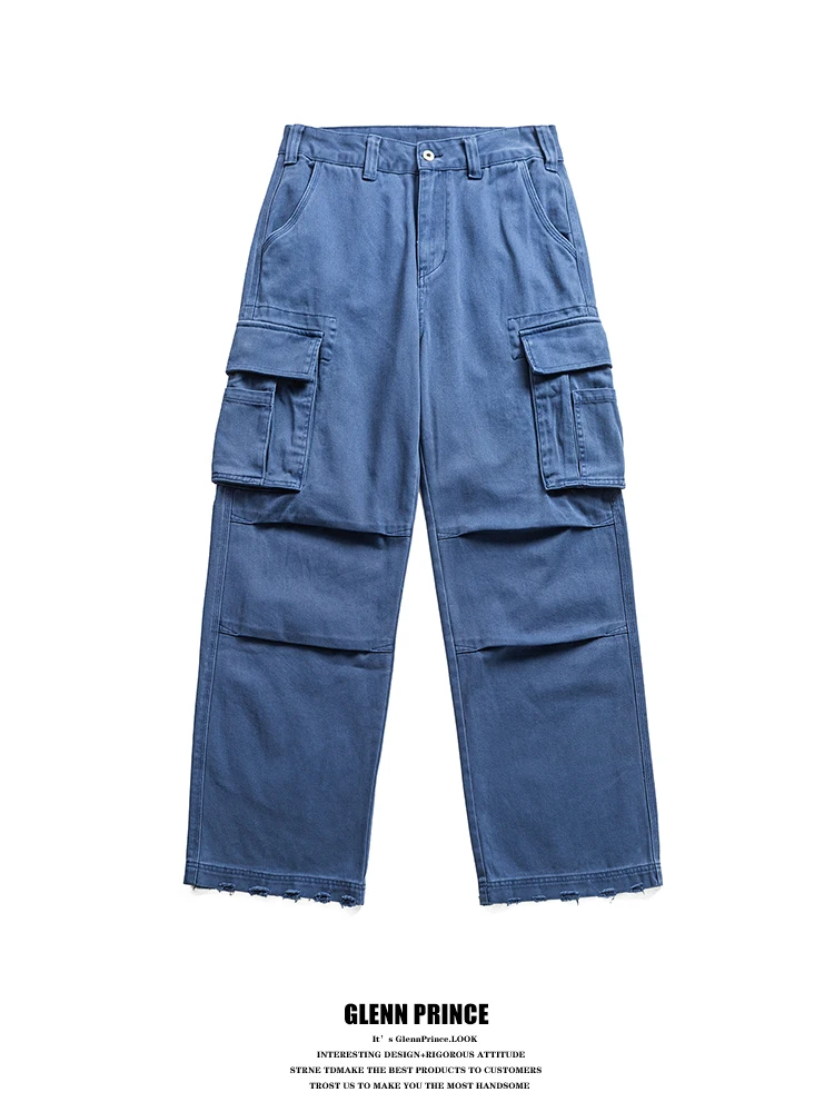 

Vintage Washed Men's Workwear Pants French Blue Wide Leg Jeans Scraping Straight Cut Casual Trousers for Youth And Couples