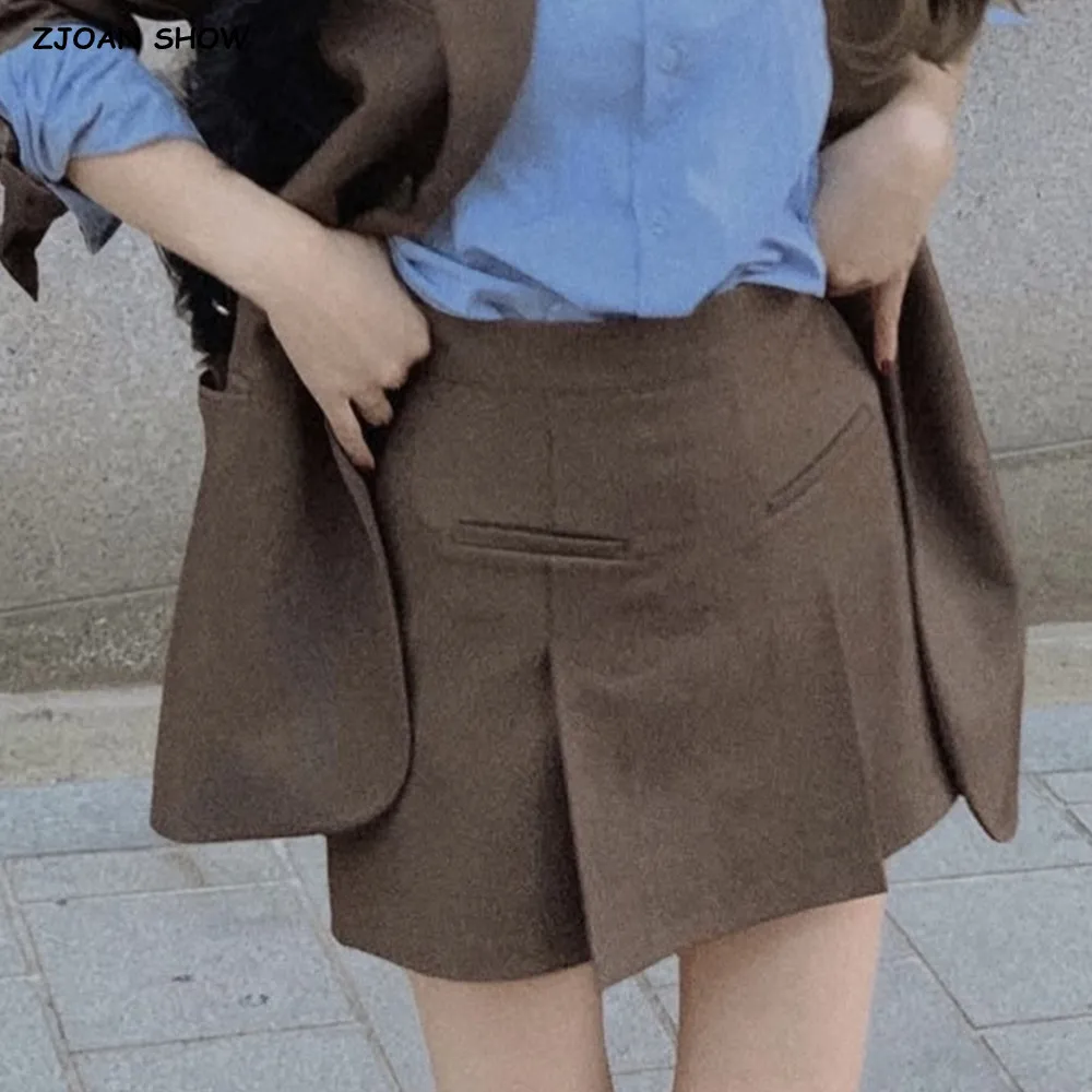 

2025 American Retro Zipper Low Waist Mini Pleated Skirts Sexy Women Double Ruched Hem A line Skirts With Shorts Lining Brown