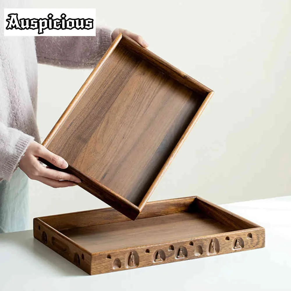 

Chinese Buddha Carved Walnut Wood Kitchen Storage & Organization Luxury Decorative Tray Cutlery Organizer Tea Services Craft
