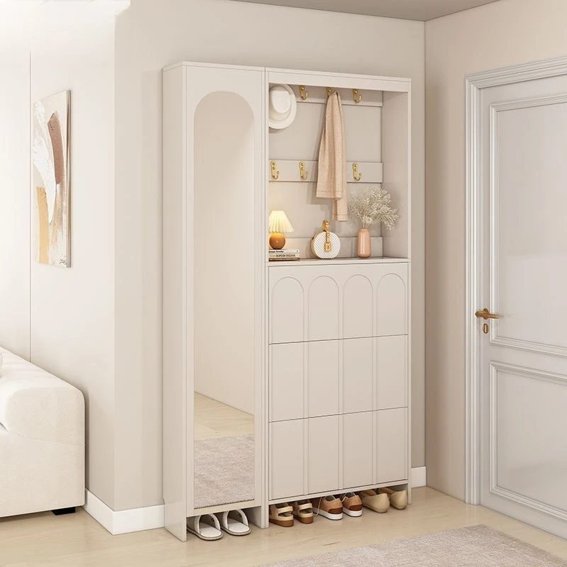Nordic Cream wind ultra-thin entrance shoe cabinet tipping bucket integrated storage household hanger home full-length mirror