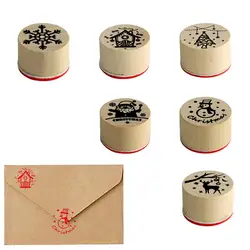 6pcs Christmas Seal Stamps Cute Design Santa Claus Snowflake Deer DIY Wooden Craft Card Stamps Merry Christmas Decoration