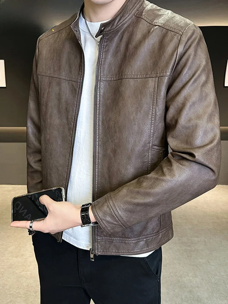 

TUCANO High-End Men's eepskin Leather Jaet Quilted Zipper Closure Long Sve Windproof Casual Faion Outerwear
