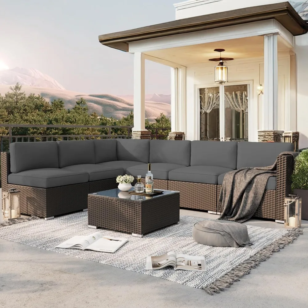 

7 Pieces Outdoor Patio Furniture Set, Black Brown Wicker Patio Sectional Sofa Set, Outdoor Couch with Grey Cushion and Tempered