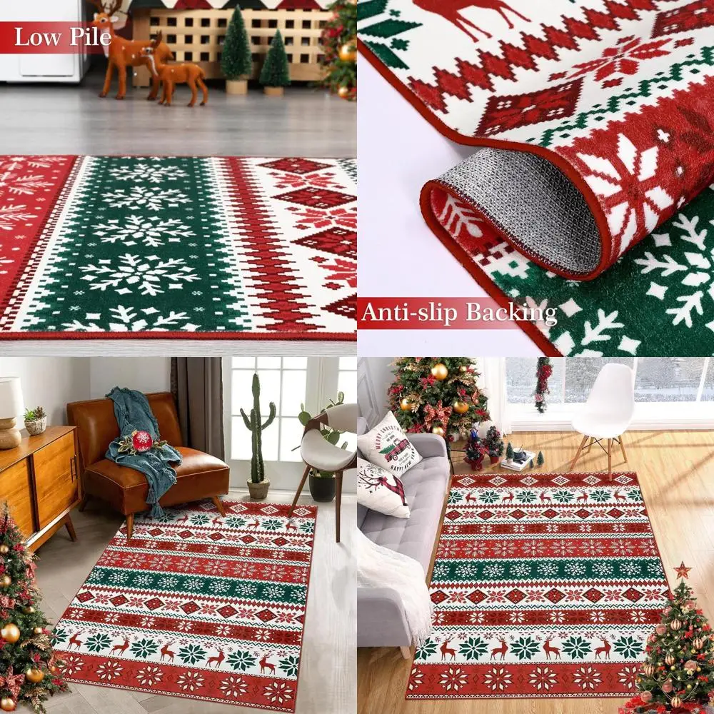 

Large Christmas Area Rug for Living & Dining Rooms - Red, Washable, Non-Slip, Boho Style Xmas Decor