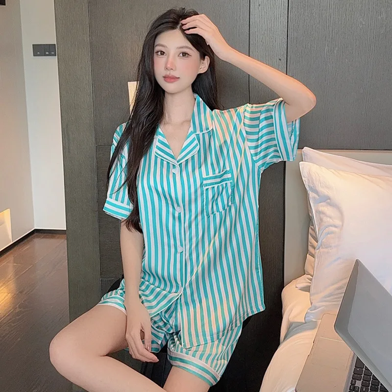 Simple Girl Ice Silk Pajamas for Women - Summer New Style, Light and Fresh Striped Short-sleeved Home Wear Set of Two Pieces