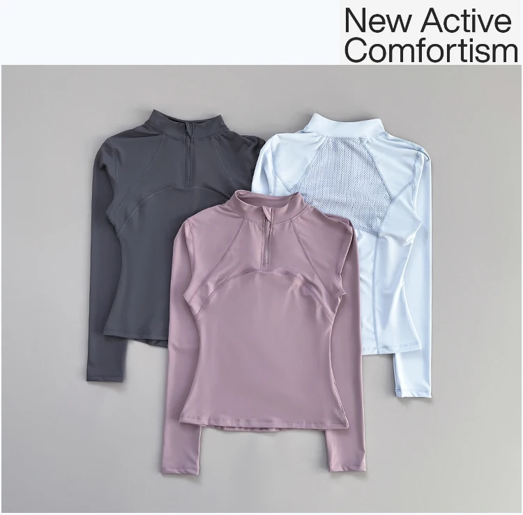 Outdoor-Laufshirt für Damen, Frühling und Herbst, Neuer Yoga-Anzug mit Halbem Reißverschluss, Schlankmachendes Fitness-Trainingsshirt mit Langen Ärmeln für Frauen – Detail 1