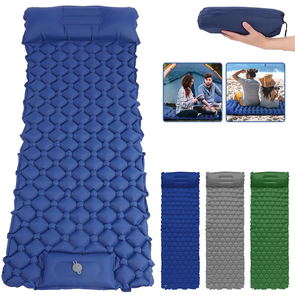 Colchón inflable para acampar al aire libre, colchoneta para dormir con almohadas, colchoneta de aire ultraligera, bomba infladora integrada, colchón inflable para senderismo