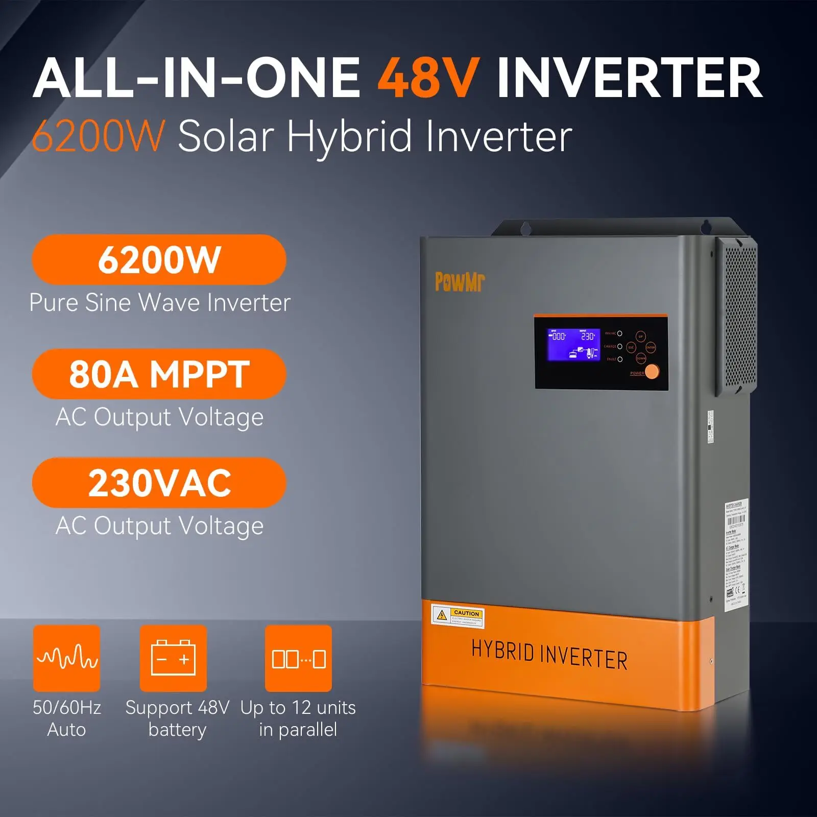 

PowMr 6200W 48V Hybrid Solar Inverter 220V/230V/240V Pure Sine Wave Inverter MPPT 80A Solar Charger Max 500V PV Solar Generator