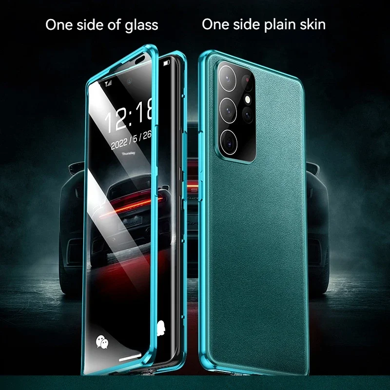 

Кожаный чехол для телефона Samsung Galaxy S22 S23 S24 Ultra с замком-защелкой, двустороннее закаленное стекло, полная защита объектива