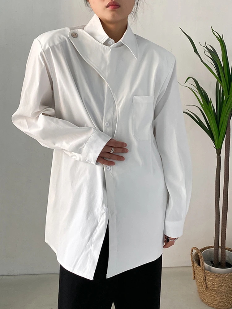 [EAM] Women White Irregular Big Size Blouse New Lapel Long Sleeve Loose Fit Shirt Fashion Tide Spring Autumn 2024 1DF7024