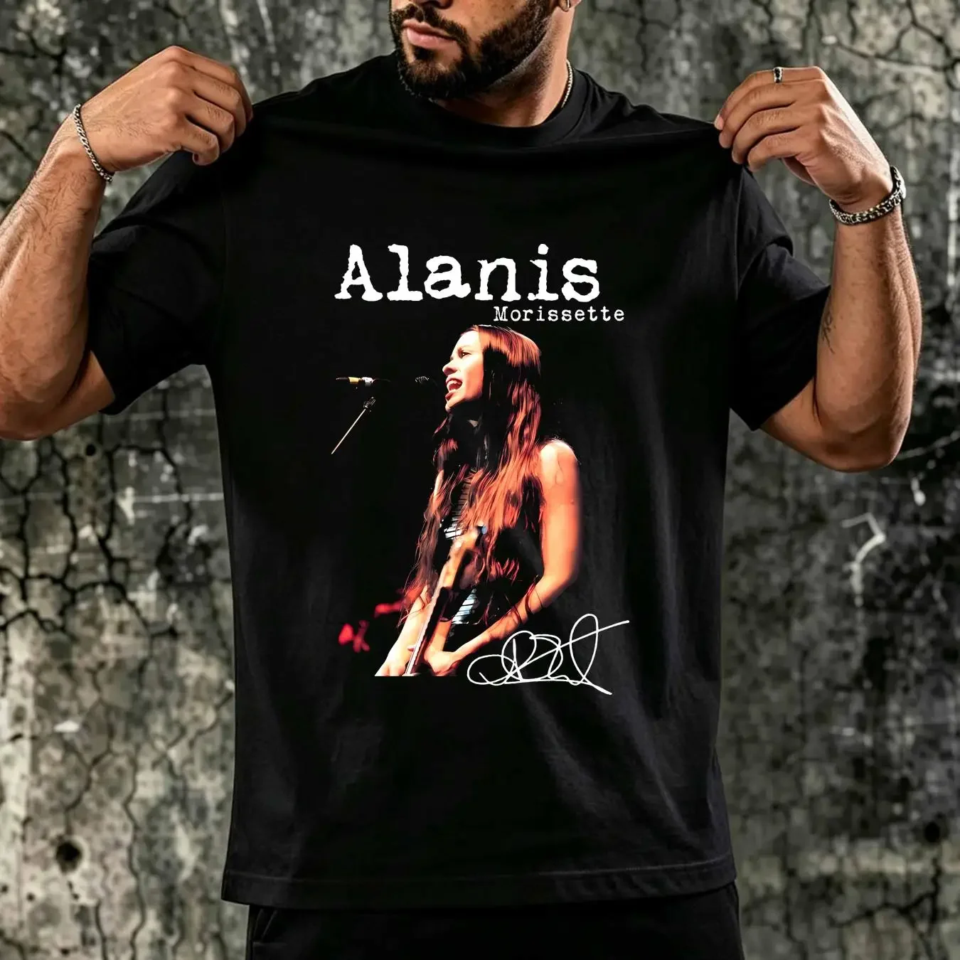 washed T Shirt Alanis Morissette Tour Signature Cotton Black vintage Washed Unisex designer clothes Slightly Stretched