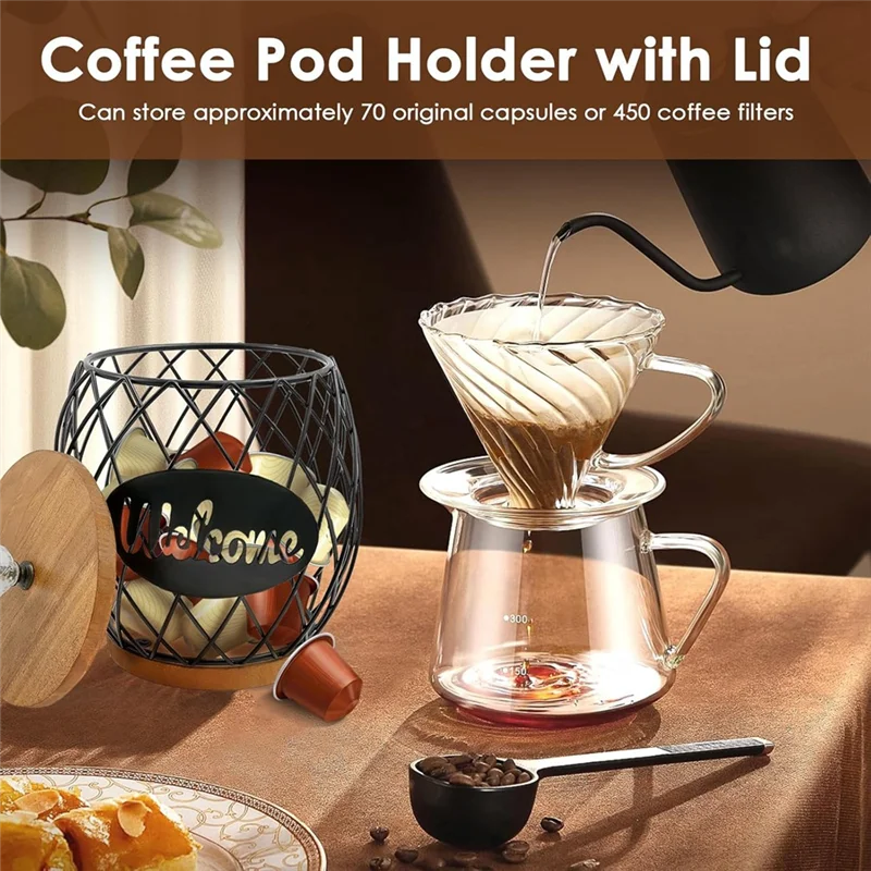 

YLS-Coffee Pod Holder Round Iron With Lid, Large Capacity Coffee Pods Storage Basket