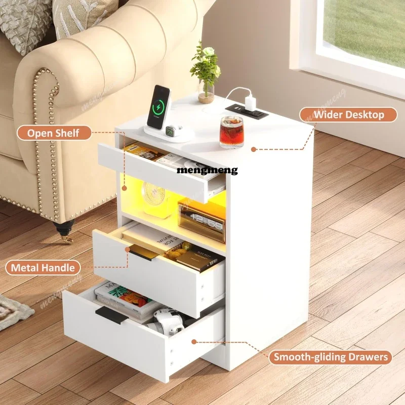 D80 LED Nightstand Charging Station Bedside Table with 3 Drawers and LED Lights End Table Sofa Couch Side Table Pull-Out Shelf W