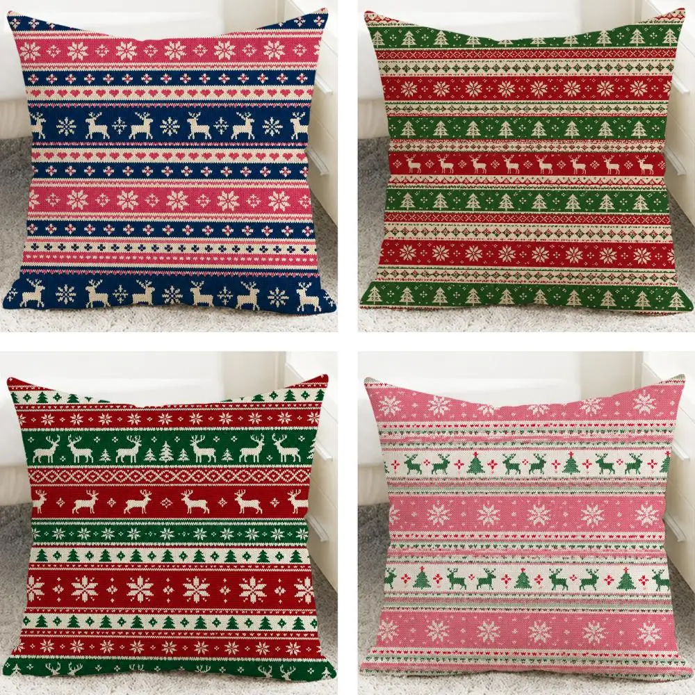 Christmas Plaid Reindeer Scatter  Cushion Cover Cushion Covers Natural Linen Breathable Sofa Bedroom Decor Pillowcase