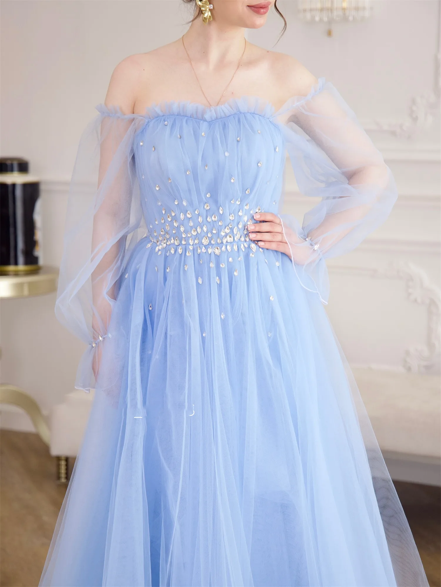 Aileen Blauw Luxe Dames Avondjurken voor Speciale Gelegenheden Vestidos De Festa فسات Mohamed Özelleştirilmiş Galajurk Handleiding