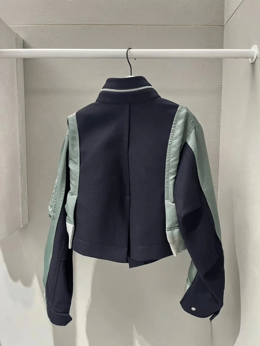 「luxury brand」Fog Sacai Japan fashion  2024 Autumn New Patchwork Jacket Pilot Outerwear Short Women Top