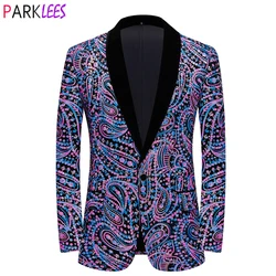 Luxury Paisley Floral Colorful Sequin Velvet Suit Jacket Men Shawl Collar One Button Dress Blazers Wedding Party Dinner Tuxedo