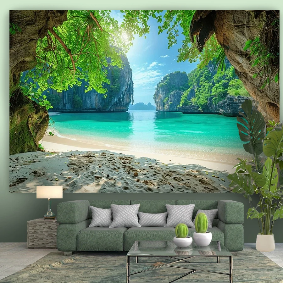 1PC Cave Beach View Art Print Backdrop Banner, Bedroom Living Room Photo Background, Polyester, Home Decor, Wall Art