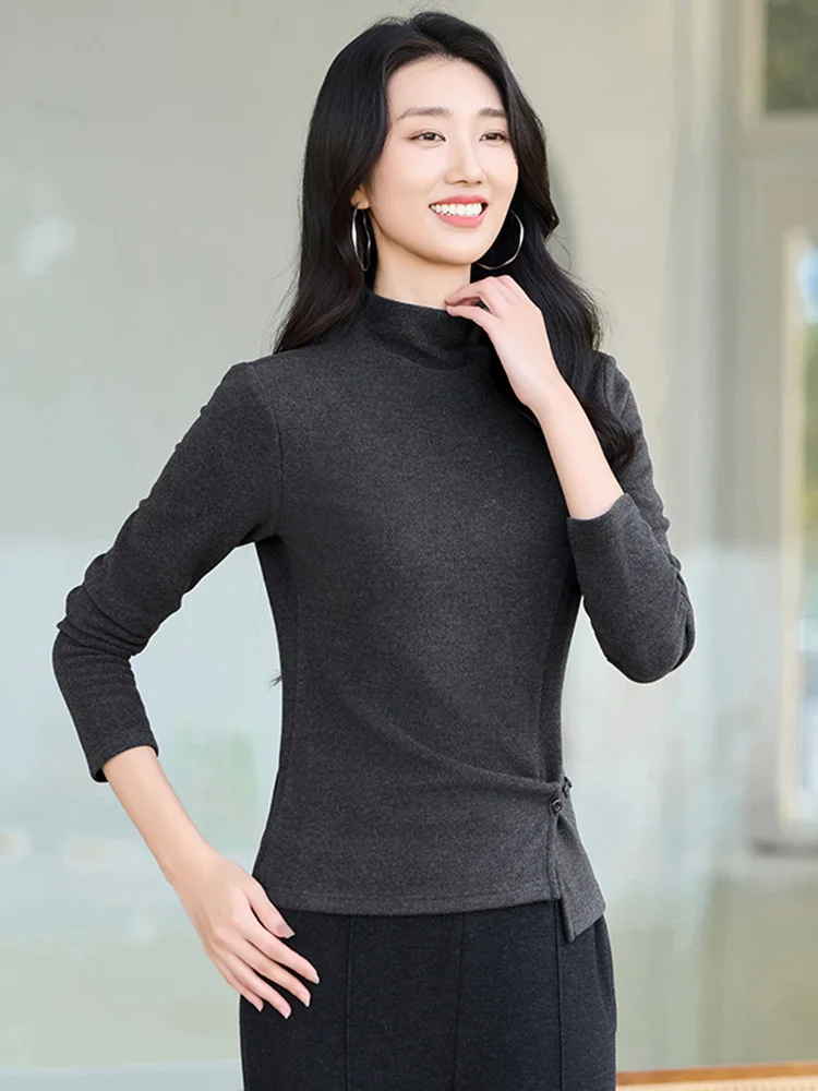 신상품 여성용 심플함 베이직 티셔츠 가을 겨울 패션 하프 하이 칼라 긴팔 웜 티셔츠 캐주얼 데일리 티셔츠 여성용