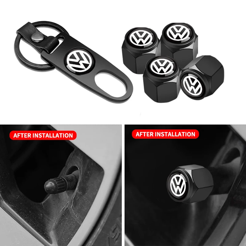 For Volkswagen CC Golf 4 6 7 GTI Tiguan Passat B5 B6 B7 Jetta MK5 MK6 Car Wheel Tire Valve Stems Cap With Keychain Keyring Badge