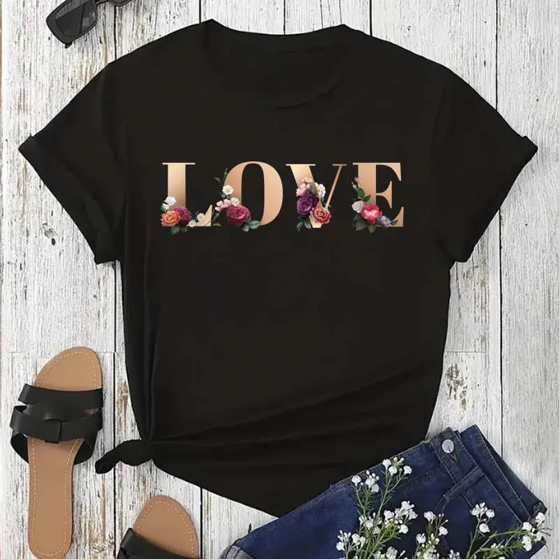 

New Floral Letter Love Trendy Design Printed Women T-shirts Summer Casual Short Sleeves Tee Tops Streetwear Women Tshirt