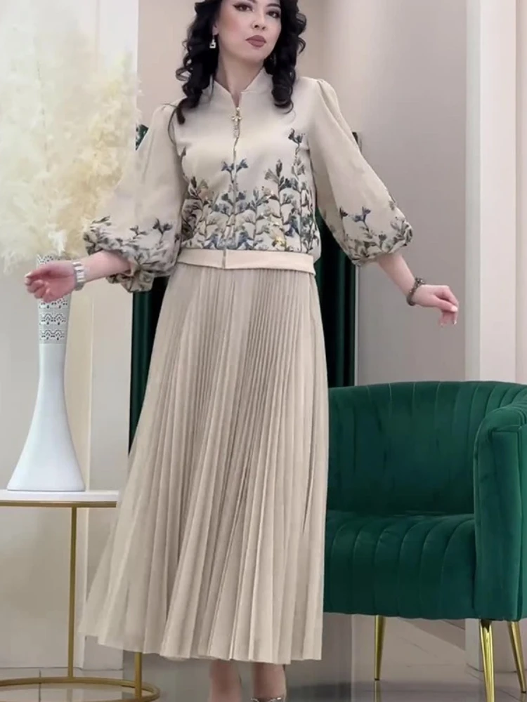 Ensemble Deux Pièces avec Jupe Plissée et Veste à Fermeture Éclair, Tenue Islamique pour Ramadan Eid, Costumes Musulmans, Printemps