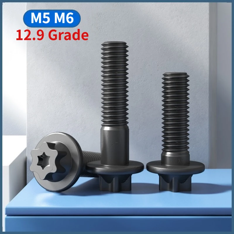 5/10/20/50/100pcs M5 M6 Black 12.9 Grade Carbon Steel Hexagon Bolt External Torx Head Flange Screws Profile Flange Head Bolt