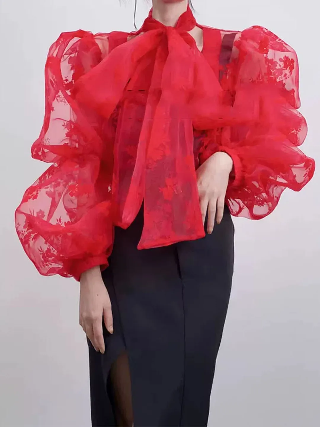 Elegant Summer 2026 Women's Ogeeshirt with Embroidered Bubble Sleeves See-through Design Korean Style Loose Fit Long Sleeve
