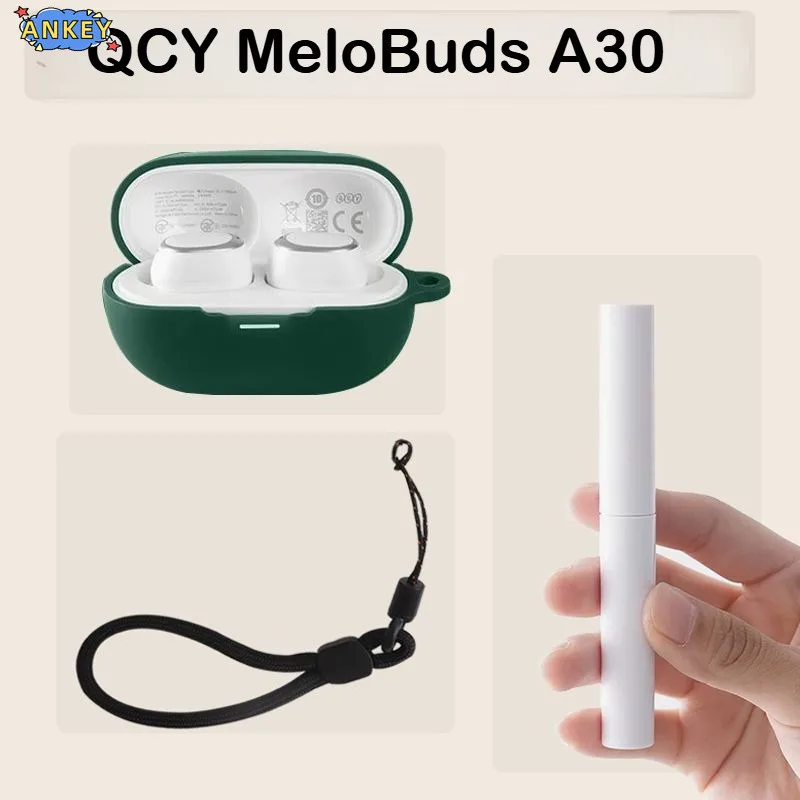 Suitable for QCY MeloBuds A30 Case Earphones Premium Silicone Cover Accessible Charging Port with Cleaning Pen and Lanyard