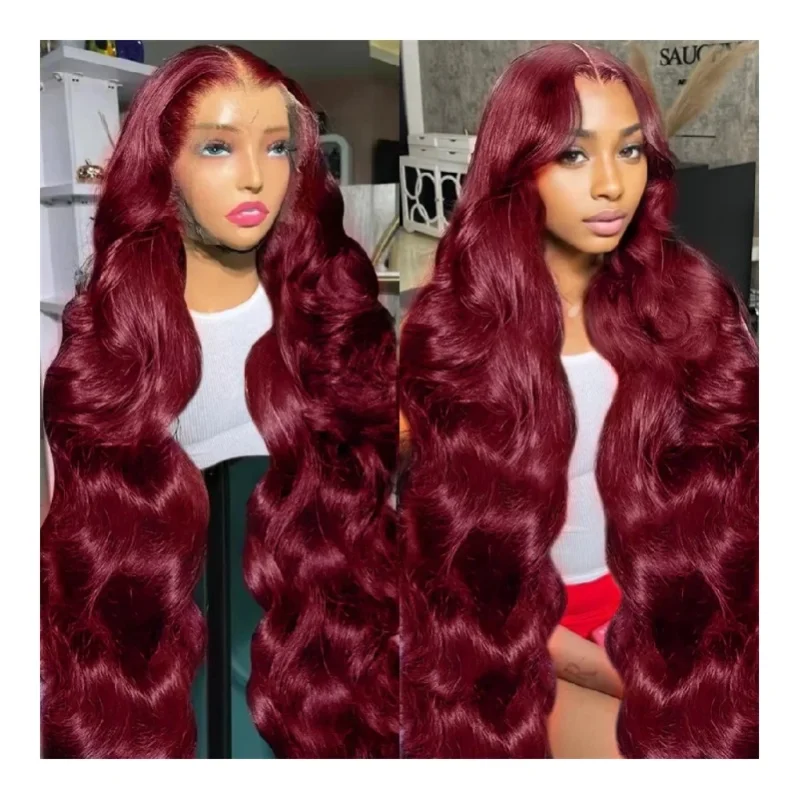 99j Burgundy 46 Inch Human Hair 13x4 13x6 HD Transparent Lace Frontal Wig Pre Plucked With Baby Hair Body Wave Wig 220% Density Brazilian Remy Hair