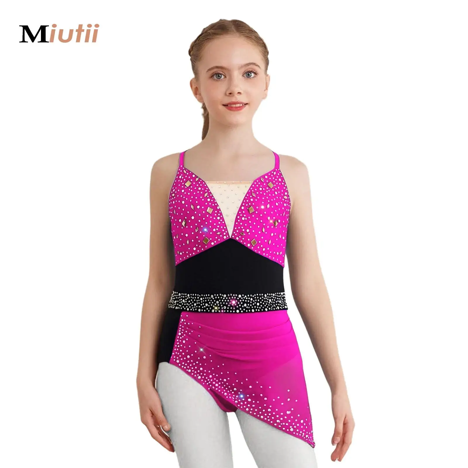 

Kids Girls Gymnastics Figure Skating Ballet Lyrical Dance Costume Dress Color Block Sheer Mesh Ruched Glittery Rhinestones Dress
