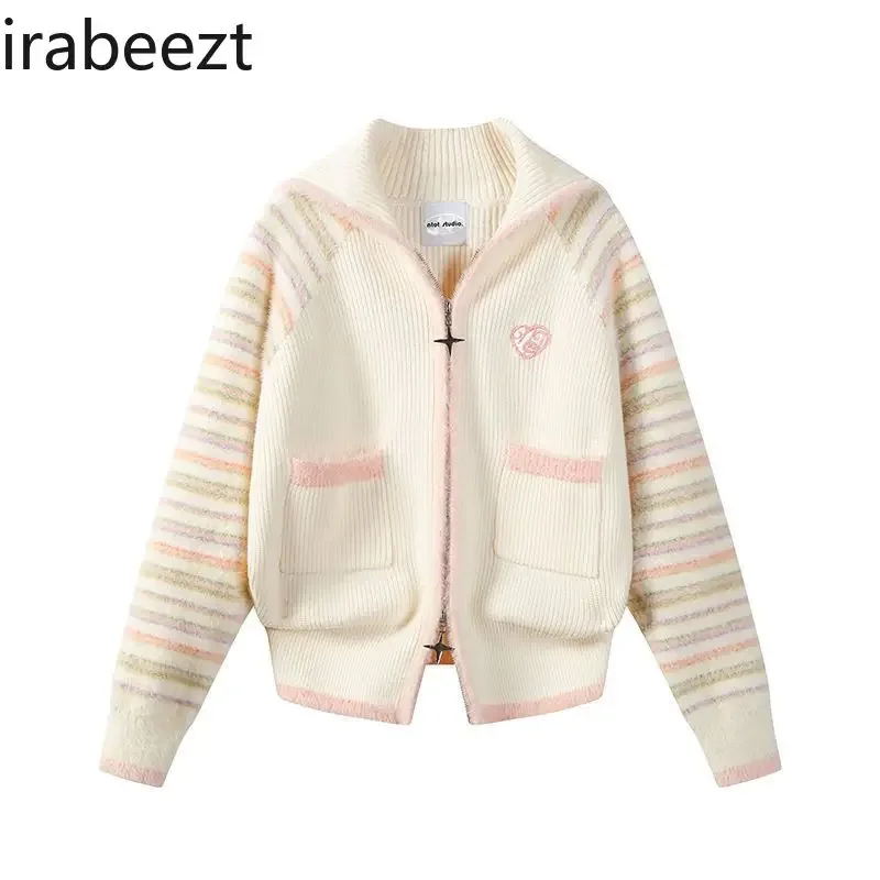 Cream Stripe Splicing V-shaped Large Lapel Zipper Knit Cardigan Autumn and Winter New Love Embroidered Coat Women's Top