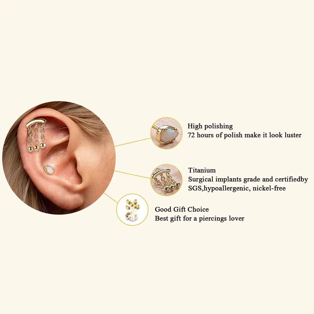 Stainless Steel Ear Studs for Women, Flat Back Stud, Front Spiral Lip, Golden Piercing Jewelry, 6 Pcs