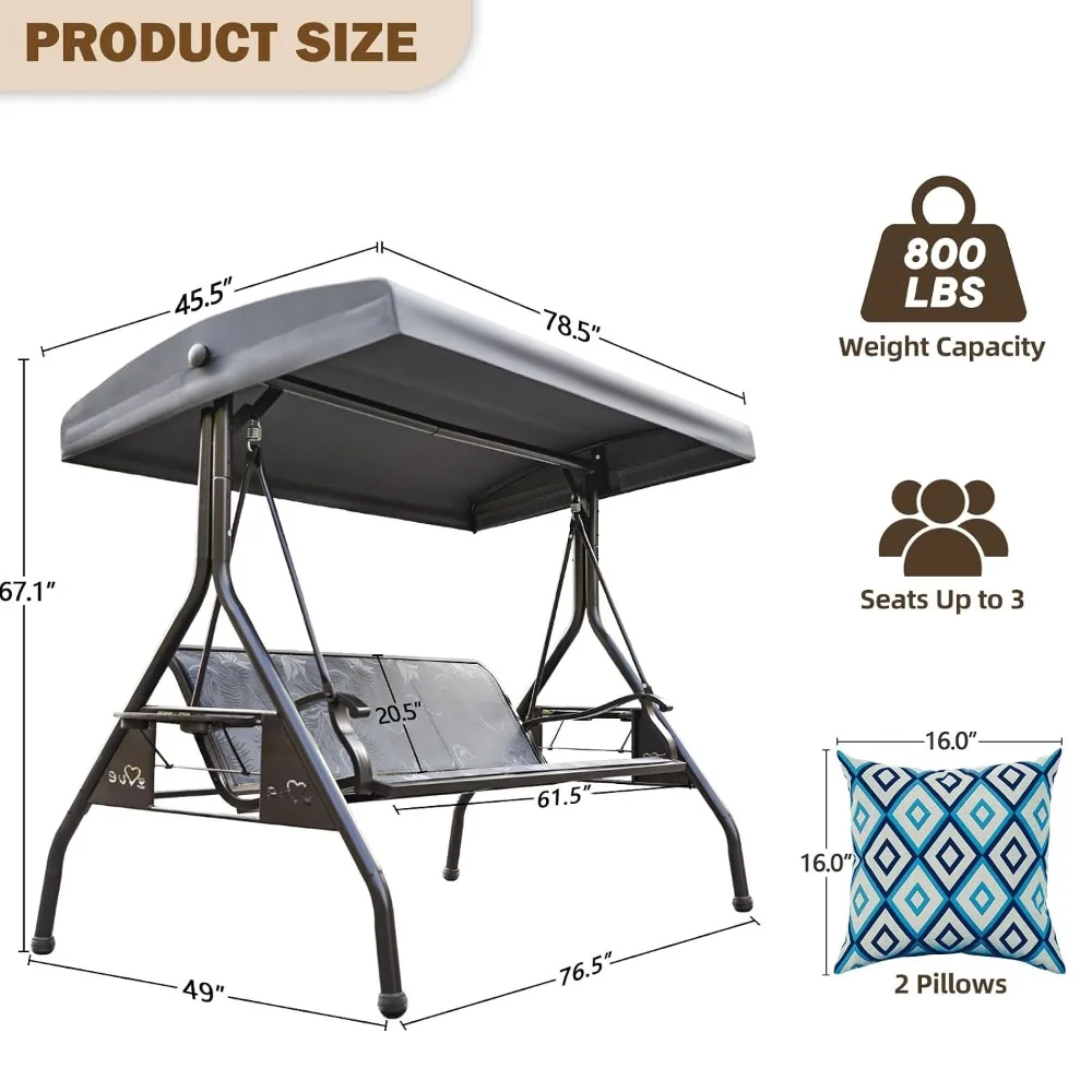 3 Person Patio Swing Outdoor Swing for Adults with Adjustable Canopy &Upgraded Cup Holders Textilene Fabric Porch, Customized