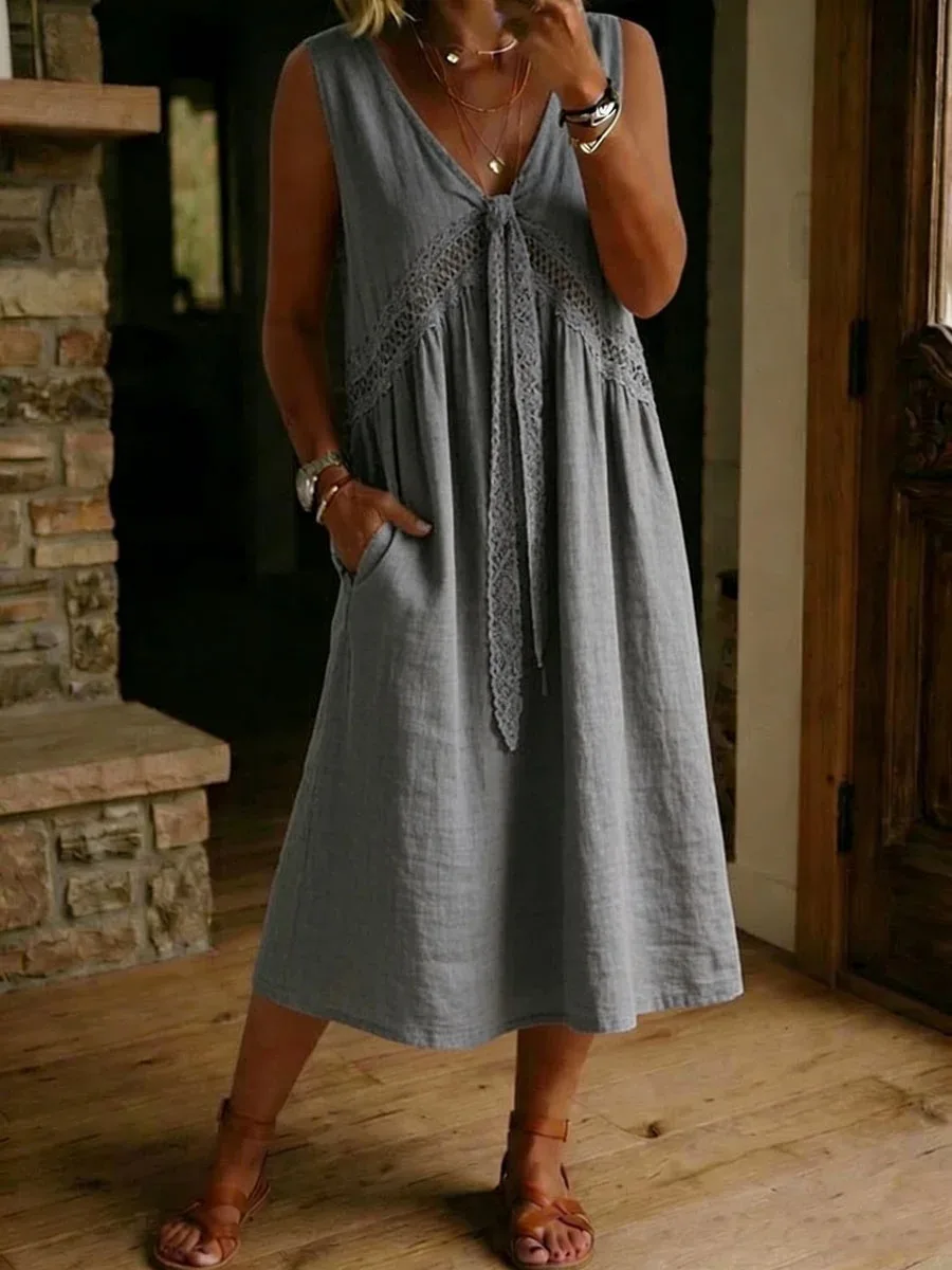 Solid Color Sleeveless V-Neck Dress With Lace Loose Fit, Casual Versatile For Daily & Beach Two Ways Wear