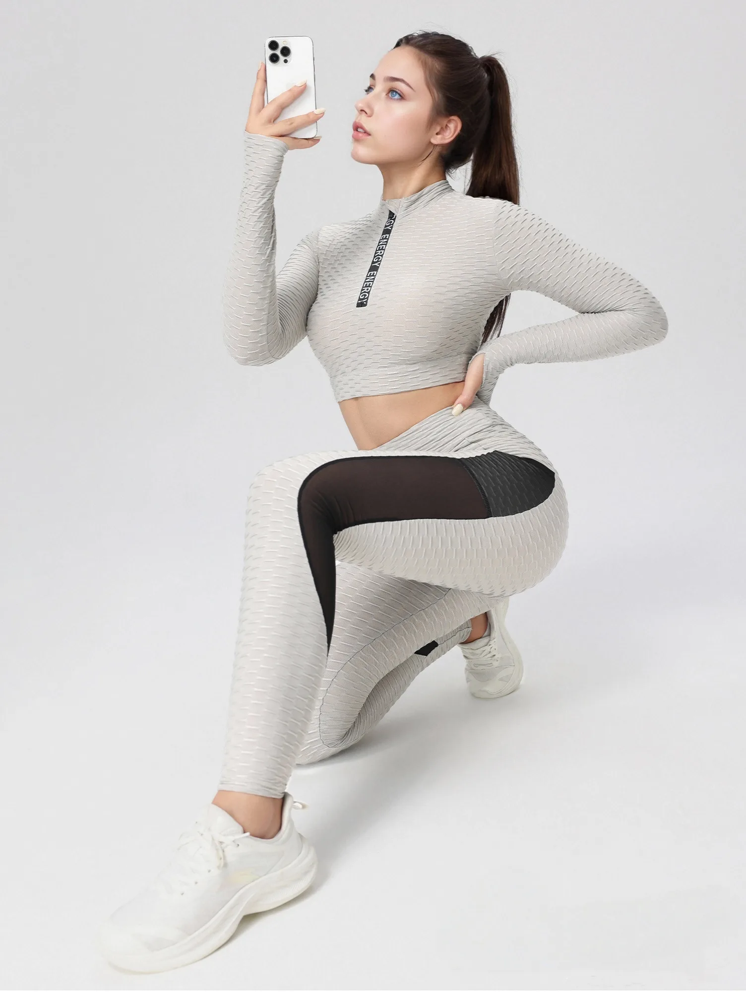 Ensemble pantalon de yoga deux pièces pour femme avec poches, maille et blocage de couleur, taille haute, levage des fesses, ajouré, respirant, adapté au yoga, à la course, au fitness, au danse et à l'entraînement