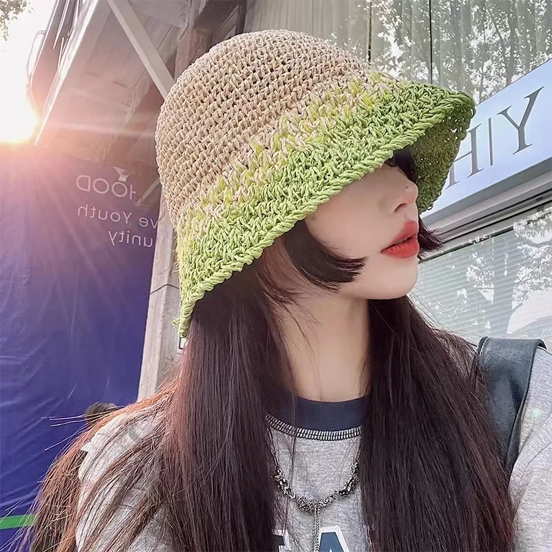 

2024 Women's hat bone straw hat Bucket hat patchwork sun visor crochet hat hat ladies luffy straw hat cap for women wholesale