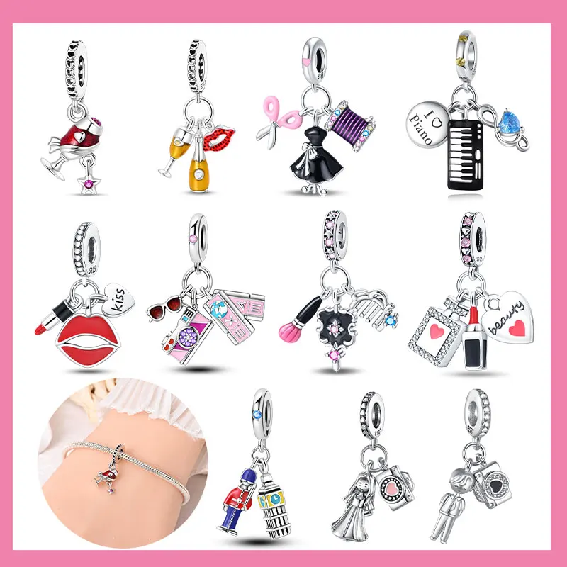 Anniversary Charms 925 Silver Girl Dress High Heels Lipstick Comb Bag Beads Pendants Fit DIY Bracelet Necklace Women Boutique