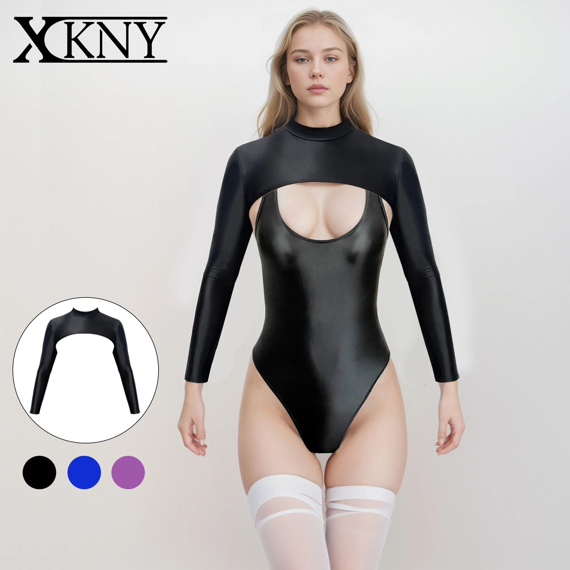 XCKNY Silky smooth long sleeve tights  glossy silk decoration long sleeved collar mix and match backless Yoga casual swimsuit