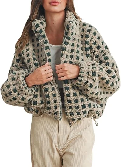 

2026 Winter Fashion Women's Plaid Print Zipper Cardigan Jacket Fashion Casual Loose High Neck Warm Cotton Jacket for New Years