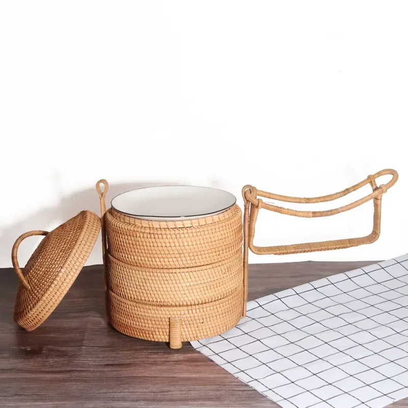 Japanese Style Handmade Rattan Lunch Box Portable Multi Layer Storage Bucket for Student Office Worker Single Person Use