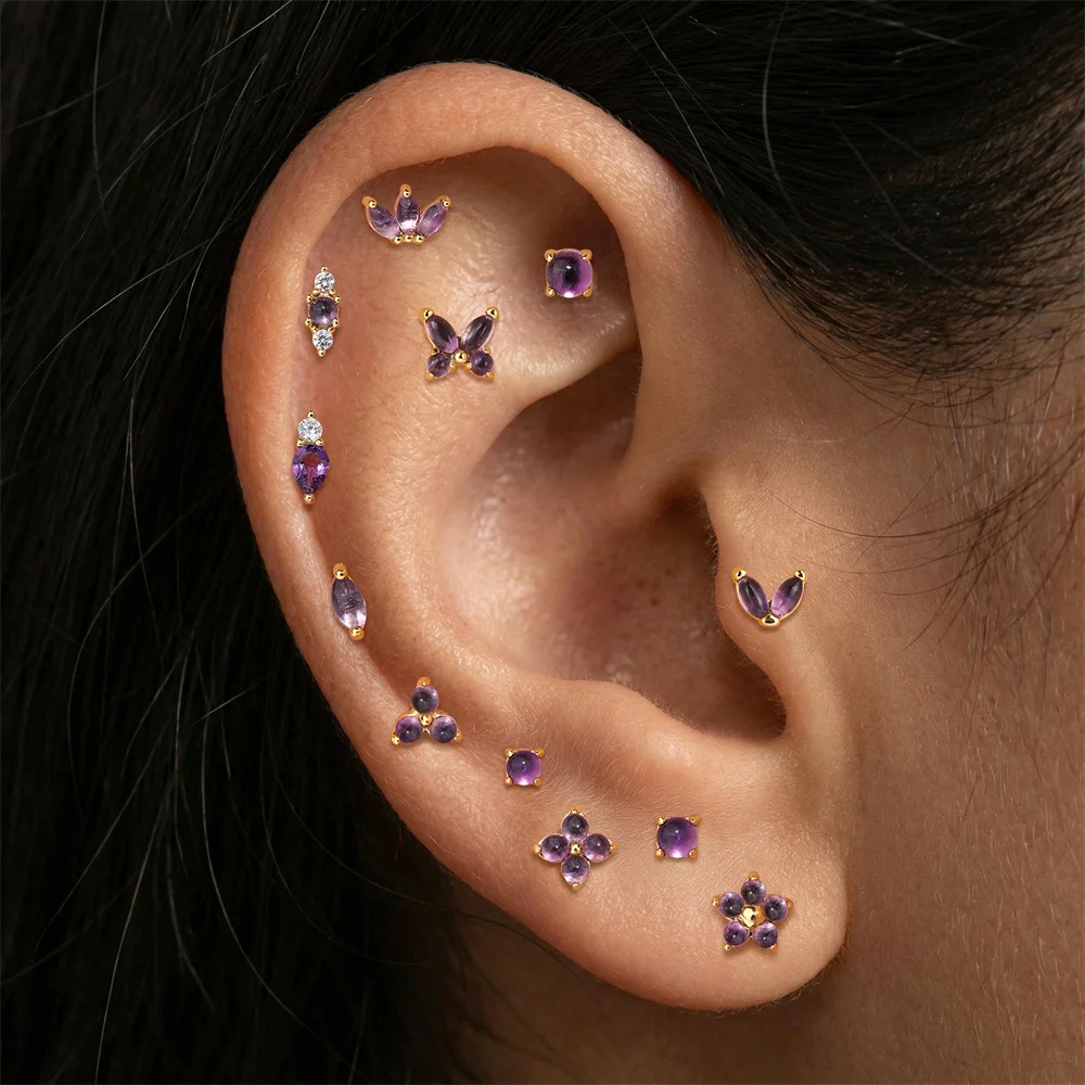 AIDE Natural Amethyst Classic Horse Eye/Crown Flower Piercing For Women 925 Sterling Silver INS Dainty Luxury Jewelry
