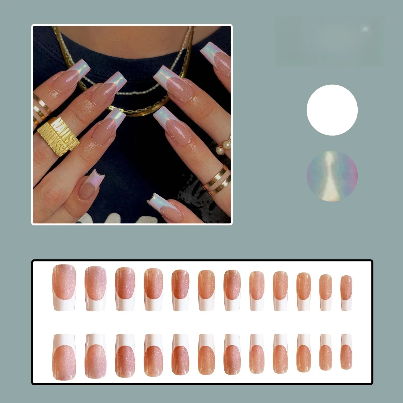 24Pcs/Set Artificial White Color Simple Style Fake Nails Full Cover French Acrylic Wearing False Nails Stick Press on Nails Art