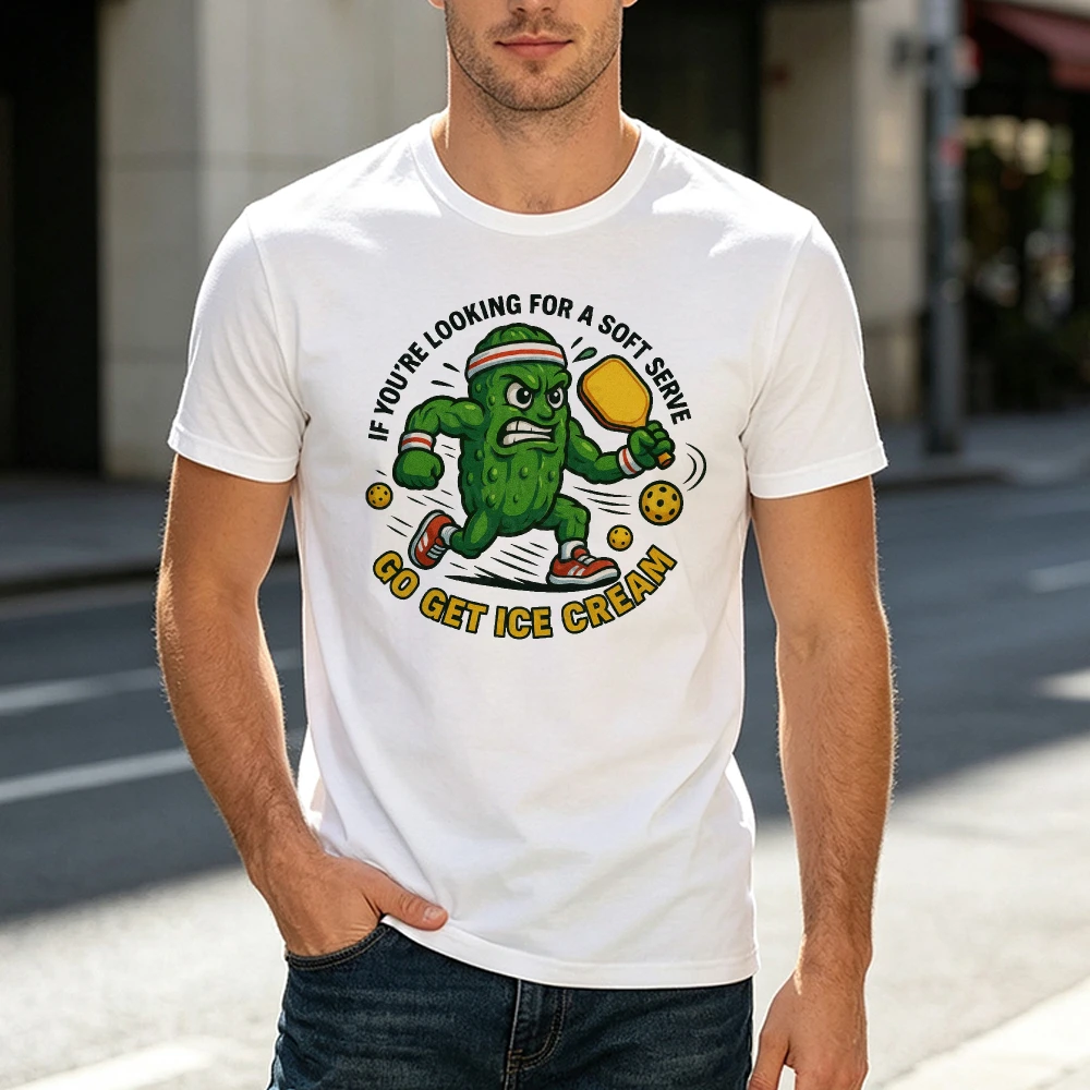 Looking for Soft Serve Funny Pickleball Graphic Men T Shirt Cucumber Player Print Summer Tee Sport Humor Short Sleeve Shirt