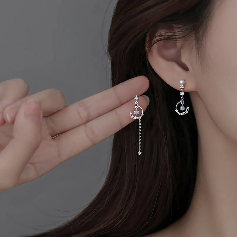 Koreanische Neue Luxuriöse Zirkon-Mond-Stern Asymmetrische Ohrstecker für Frauen Kristall-Wolken-Perlen-Ohrringe Schmuckgeschenke – Detail 2