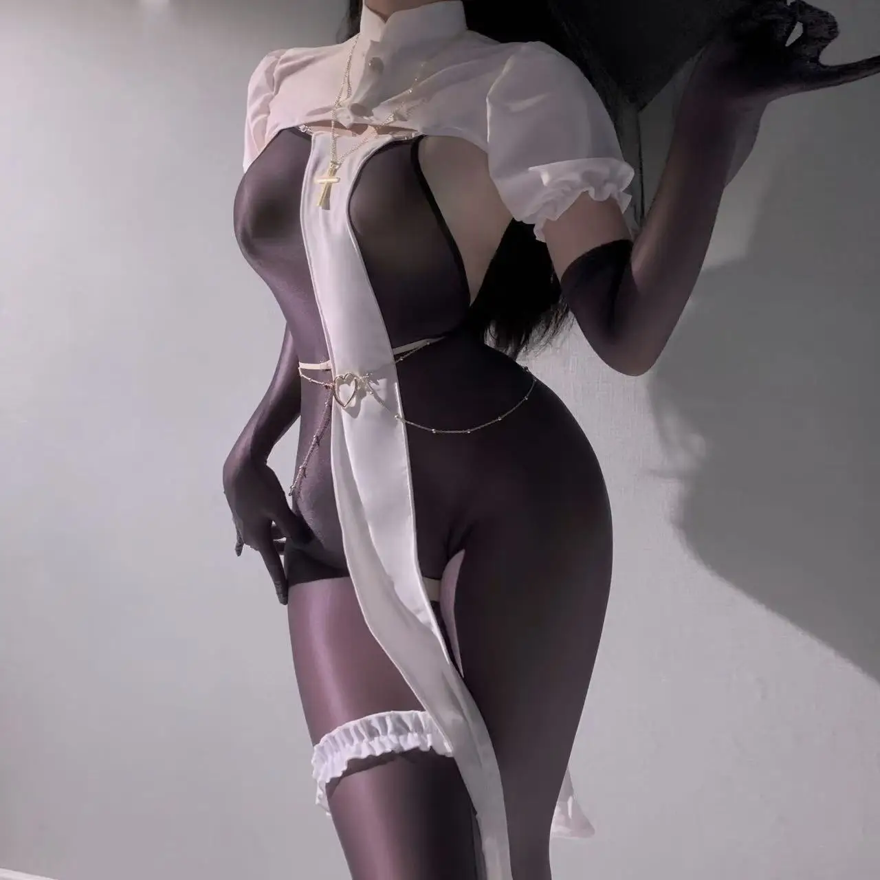 Cosplay sexy nun outfit tight black silk jumpsuit maid uniform tempting backless body shaping