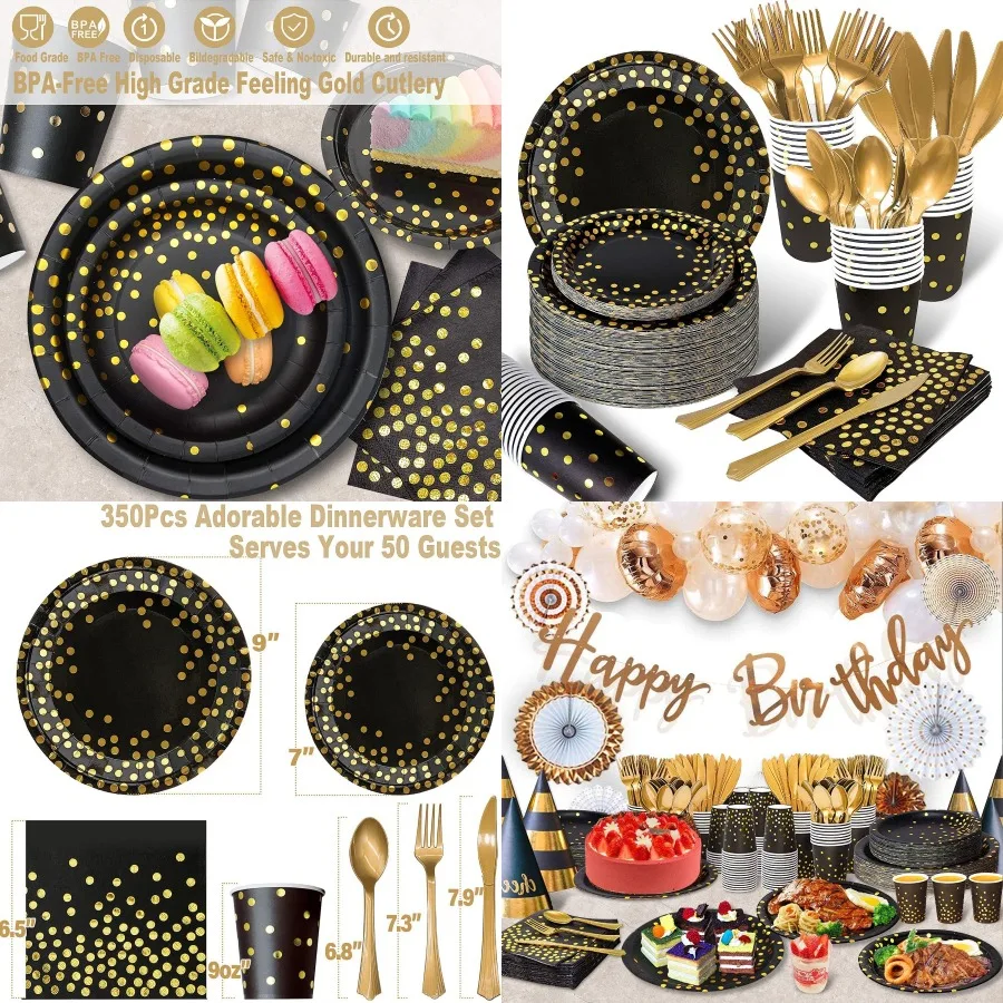 

350PCS Black Gold Paper Plates Party Supplies Dinnerware Sets for 50 Guests Disposable Paper Party Plates Dessert Plates Cups N